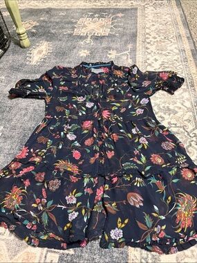 Anthropologie Navy Midi Dress with Multicolor Floral Print